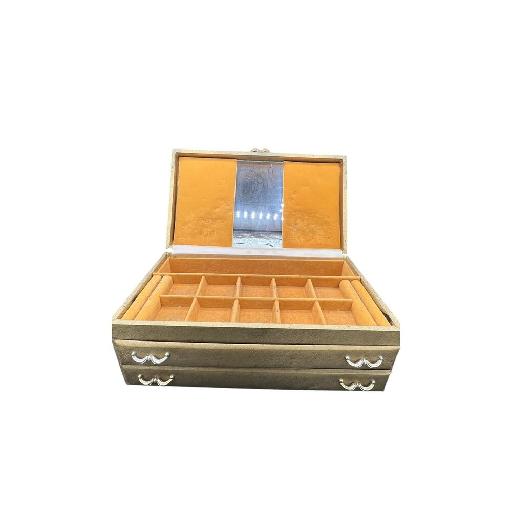 ✨ Vintage Gold Brocade Jewelry Box Mirror 3 Drawer Ring Organizer Vanity Storage - Picture 5 of 16